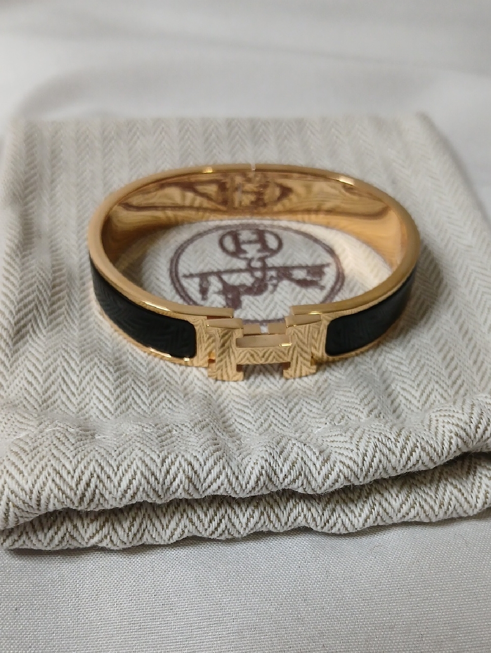 Hermes Gold and Black H-Logo Enamel Bangle